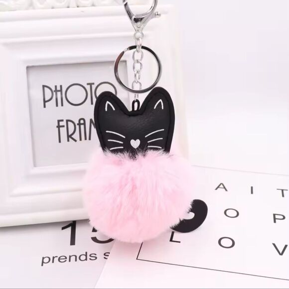 Viral Fuzzy Pom Pom Cat Keychain – Purse Pendant & Bag Charm - Picture 2 of 3